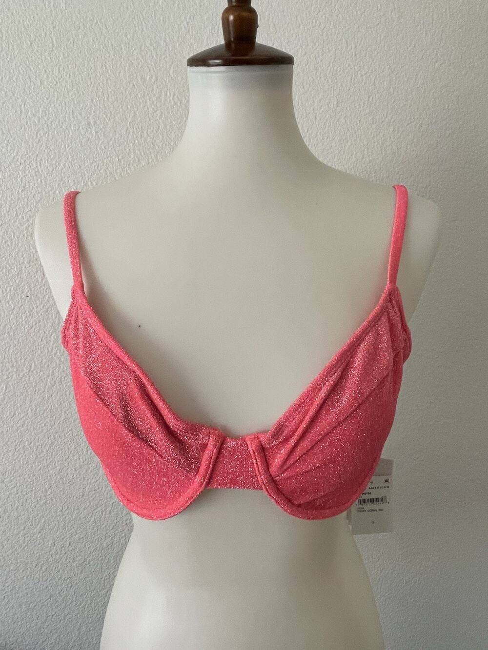 Good American Swim Women Sz 3 Bikini Top Swimwear Sparkle Fiery Coral NWT